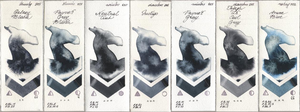 Shminke Horadam Aquarell 975 Galaxy Black, 787 Paynes Grey Bluish, Winsor & Newton Professional 430 Neutral Tint, Daniel Smith 046 Indigo, 465 Paynes Gray, 245 Joseph Zs Cool Grey, Rosa Gallery 762 Azure Bl watercolor swatch