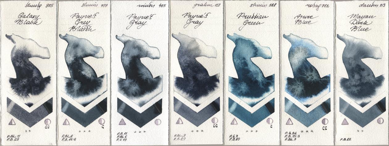 Shminke Horadam Aquarell 975 Galaxy Black, 787 Paynes Grey Bluish, Winsor & Newton Professional 465 Paynes Gray, M. Graham & Co. Artists 128 Payne’s Gray, 528 Prussian Green, Rosa Gallery 762 Azure Blue, Daniel Smith 213 Mayan Dark Bl watercolor swatch