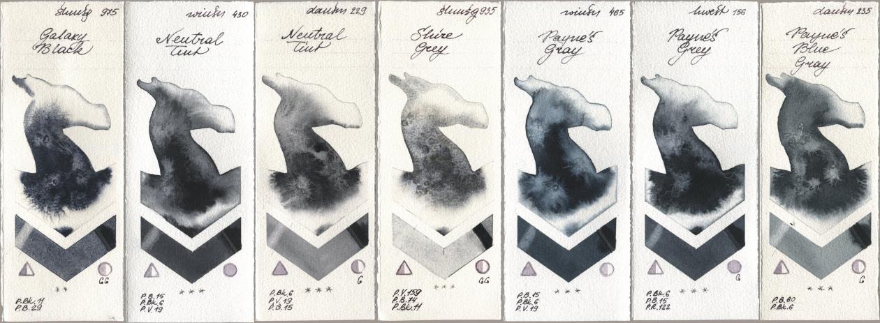 Shminke Horadam Aquarell 975 Galaxy Black, Winsor & Newton Professional 430 Neutral Tint, Daniel Smith 229 Neutral Tint, 935 Shire Grey, 465 Paynes Gray, Holbein Artists Watercolor 156 Paynes Grey, 235 Paynes Blue Gr watercolor swatch