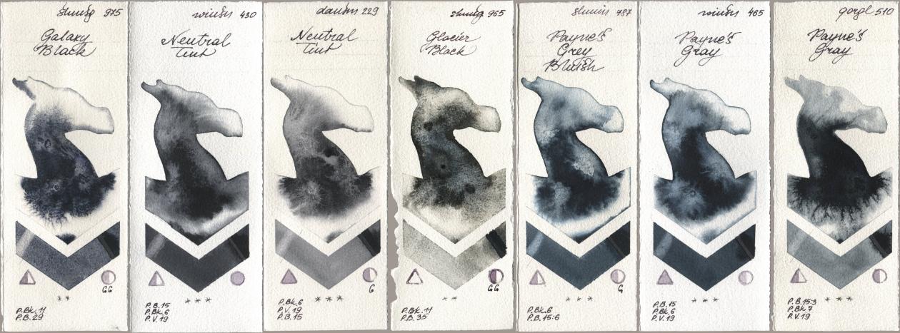 Shminke Horadam Aquarell 975 Galaxy Black, Winsor & Newton Professional 430 Neutral Tint, Daniel Smith 229 Neutral Tint, 965 Glacier Black, 787 Paynes Grey Bluish, 465 Paynes Gray, Golden QOR 510 Paynes Gr watercolor swatch