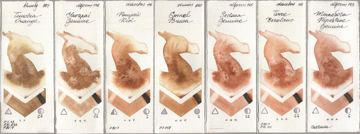 Shminke Horadam Aquarell 981 Tundra Orange, Daniel Smith 146 Yavapai Genuine, 116 Pompeii Red, 650 Spinel Brown, 145 Sedona Genuine, 117 Terre Ercolano, 143 Minnesota Pipestone Genui watercolor swatch