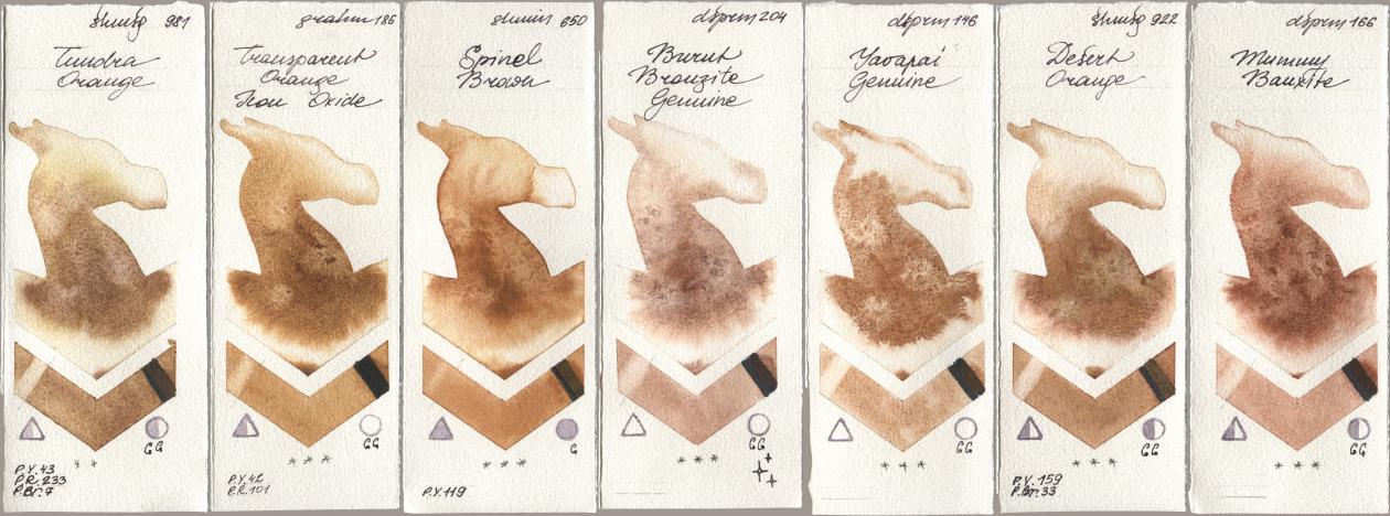 Shminke Horadam Aquarell 981 Tundra Orange, M. Graham & Co. Artists 186 Transparent Orange Iron Oxide, 650 Spinel Brown, Daniel Smith 204 Burnt Bronzite Genuine, 146 Yavapai Genuine, 922 Desert Orange, 166 Mummy Bauxi watercolor swatch