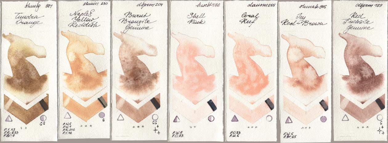 Shminke Horadam Aquarell 981 Tundra Orange, 230 Naples Yellow Reddish, Daniel Smith 204 Burnt Bronzite Genuine, Holbein Artists Watercolor 026 Shell Pink, 255 Coral Reef, Shminke Akademie Aquarell 916 Icy Red-Brown, 189 Red Fuchsite Genui watercolor swatch
