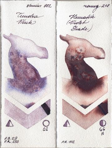 Shminke Horadam Aquarell 982 Tundra Pink vs Roman Szmal Aquarius 248 Hematite (Violet Shade) watercolor swatch