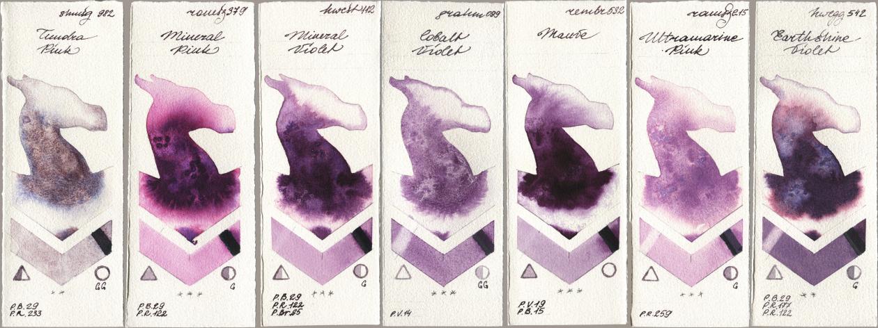 Shminke Horadam Aquarell 982 Tundra Pink, Roman Szmal Aquarius 379 Mineral Pink, Holbein Artists Watercolor 112 Mineral Violet, M. Graham & Co. Artists 099 Cobalt Violet, Royal Talens Rembrandt Watercolour 532 Mauve, 215 Ultramarine Pink, 542 Earthshine Viol watercolor swatch