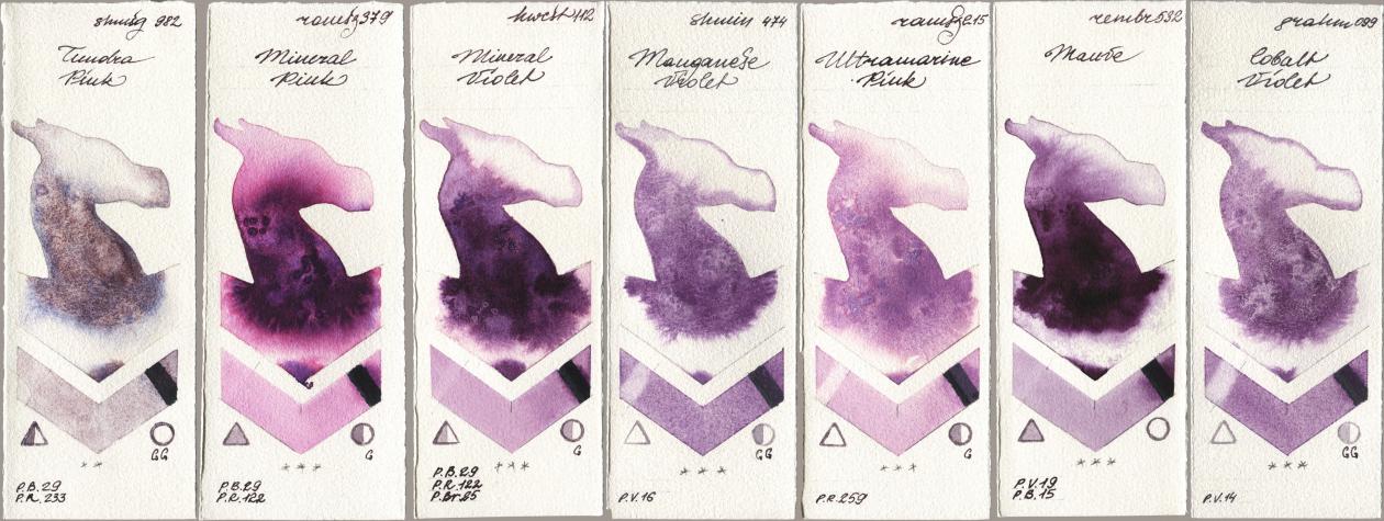 Shminke Horadam Aquarell 982 Tundra Pink, Roman Szmal Aquarius 379 Mineral Pink, Holbein Artists Watercolor 112 Mineral Violet, 474 Manganese Violet, 215 Ultramarine Pink, Royal Talens Rembrandt Watercolour 532 Mauve, M. Graham & Co. Artists 099 Cobalt Viol watercolor swatch