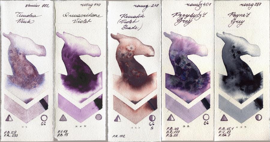Shminke Horadam Aquarell 982 Tundra Pink vs Rosa Gallery 749 Quinacridone Violet vs Roman Szmal Aquarius 248 Hematite (Violet Shade) vs 401 Przybyszs Grey vs 737 Paynes Grey watercolor swatch