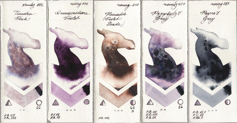 Shminke Horadam Aquarell 982 Tundra Pink vs Rosa Gallery 749 Quinacridone Violet vs Roman Szmal Aquarius 248 Hematite (Violet Shade) vs 401 Przybyszs Grey vs 737 Paynes Grey watercolor swatch