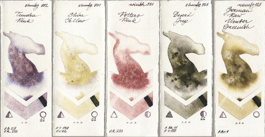Shminke Horadam Aquarell 982 Tundra Pink vs 931 Shire Yellow vs Winsor & Newton Professional 537 Potters Pink vs 925 Desert Grey vs Roman Szmal Aquarius 125 German Raw Umber Greenish watercolor swatch