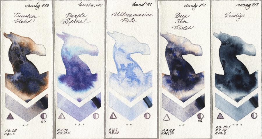 Shminke Horadam Aquarell 983 Tundra Violet vs Kusakabe 001 Purple Spinel vs Kuretake Gansai Tambi 061 Ultramatire Pale vs 951 Deep Sea Violet vs Rosa Gallery 717 Indigo watercolor swatch