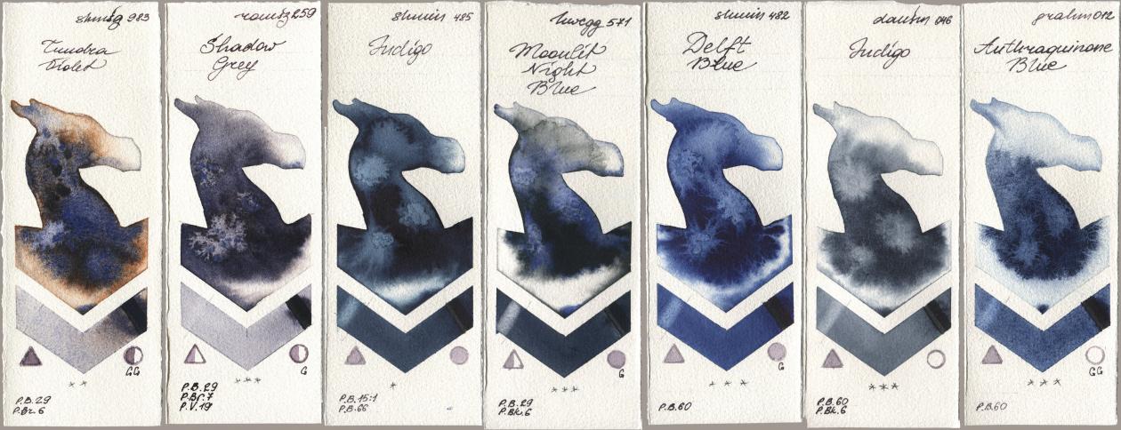 Shminke Horadam Aquarell 983 Tundra Violet, Roman Szmal Aquarius 259 Shadow Grey, 485 Indigo, Holbein Artists Watercolor 571 Moonlit Night Blue, 482 Delft Blue, Daniel Smith 046 Indigo, M. Graham & Co. Artists 012 Anthraquinone Bl watercolor swatch