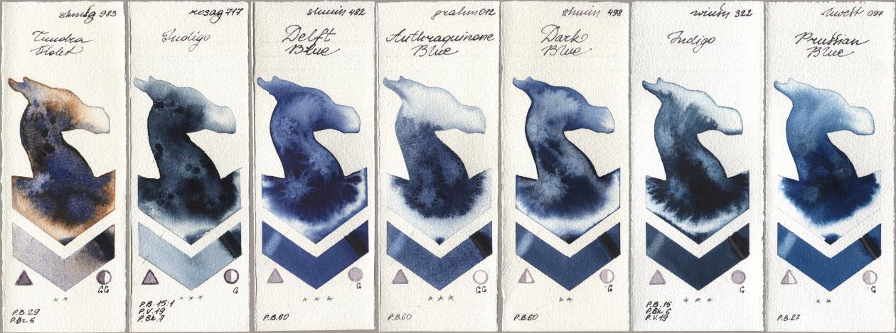 Shminke Horadam Aquarell 983 Tundra Violet, Rosa Gallery 717 Indigo, 482 Delft Blue, M. Graham & Co. Artists 012 Anthraquinone Blue, 498 Dark Blue, Winsor & Newton Professional 322 Indigo, Holbein Artists Watercolor 097 Prussian Bl watercolor swatch