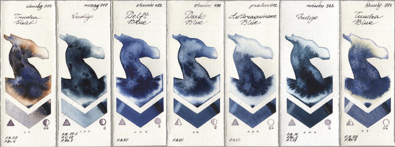 Shminke Horadam Aquarell 983 Tundra Violet, Rosa Gallery 717 Indigo, 482 Delft Blue, 498 Dark Blue, M. Graham & Co. Artists 012 Anthraquinone Blue, Winsor & Newton Professional 322 Indigo, 984 Tundra Bl watercolor swatch