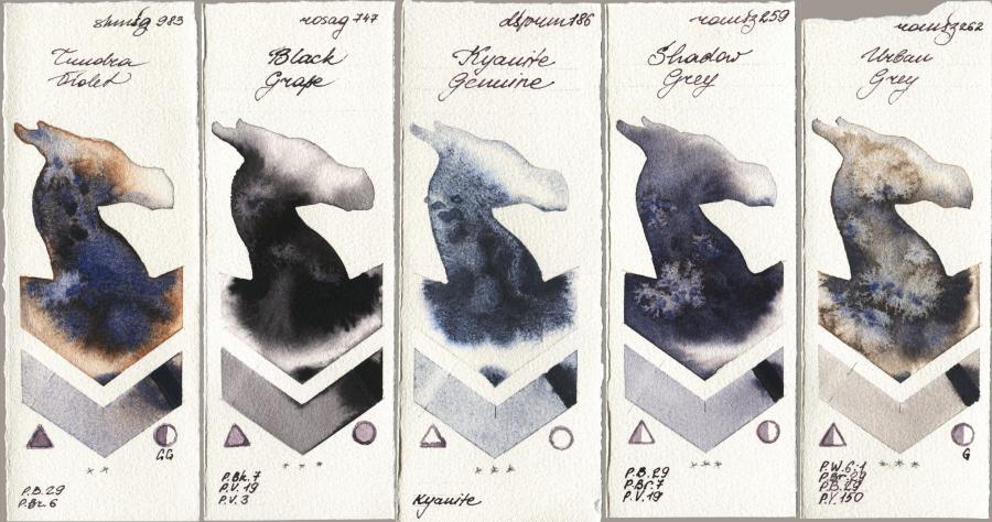 Shminke Horadam Aquarell 983 Tundra Violet vs Rosa Gallery 747 Black Grape vs Daniel Smith 186 Kyanite Genuine vs Roman Szmal Aquarius 259 Shadow Grey vs 262 Urban Grey watercolor swatch
