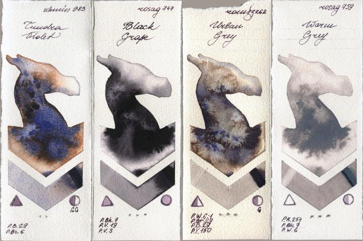 Shminke Horadam Aquarell 983 Tundra Violet vs Rosa Gallery 747 Black Grape vs Roman Szmal Aquarius 262 Urban Grey vs 759 Warm Grey watercolor swatch