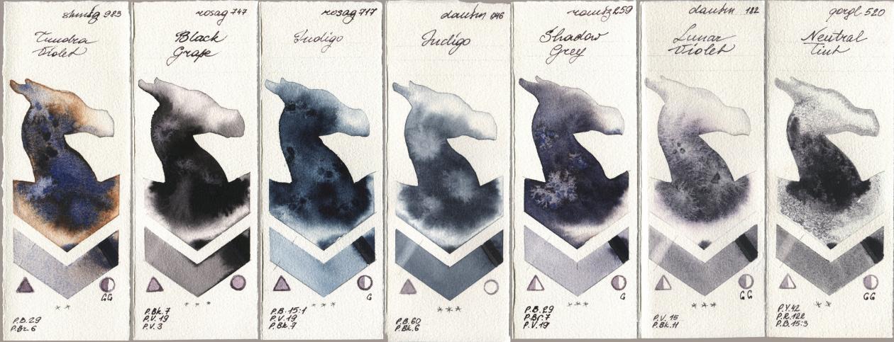 Shminke Horadam Aquarell 983 Tundra Violet, Rosa Gallery 747 Black Grape, 717 Indigo, Daniel Smith 046 Indigo, Roman Szmal Aquarius 259 Shadow Grey, 182 Lunar Violet, Golden QOR 520 Neutral Ti watercolor swatch