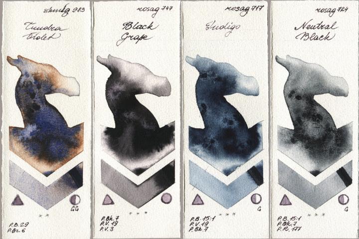 Shminke Horadam Aquarell 983 Tundra Violet, Rosa Gallery 747 Black Grape, 717 Indigo, 724 Neutral Bla watercolor swatch