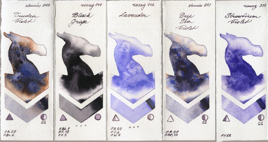 Shminke Horadam Aquarell 983 Tundra Violet vs Rosa Gallery 747 Black Grape vs 742 Lavender vs 951 Deep Sea Violet vs Roman Szmal Aquarius 377 Strontium Violet watercolor swatch