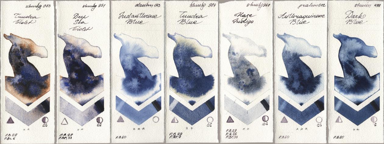 Shminke Horadam Aquarell 983 Tundra Violet, 951 Deep Sea Violet, Daniel Smith 043 Indanthrone Blue, 984 Tundra Blue, 968 Haze Indigo, M. Graham & Co. Artists 012 Anthraquinone Blue, 498 Dark Bl watercolor swatch