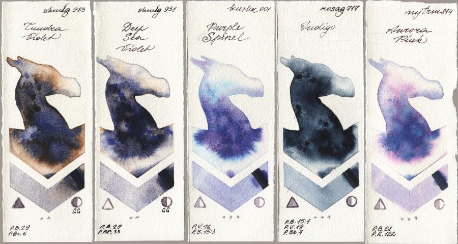 Shminke Horadam Aquarell 983 Tundra Violet vs 951 Deep Sea Violet vs Kusakabe 001 Purple Spinel vs Rosa Gallery 717 Indigo vs Mijello Mission Gold 814 Aurora Pink watercolor swatch
