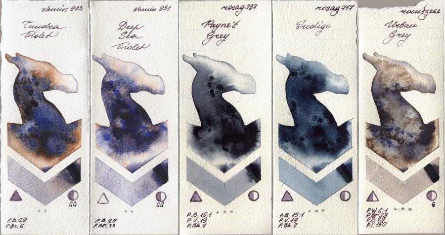 Shminke Horadam Aquarell 983 Tundra Violet vs 951 Deep Sea Violet vs Rosa Gallery 737 Paynes Grey vs 717 Indigo vs Roman Szmal Aquarius 262 Urban Grey watercolor swatch
