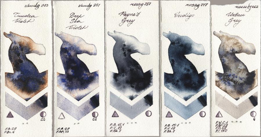 Shminke Horadam Aquarell 983 Tundra Violet vs 951 Deep Sea Violet vs Rosa Gallery 737 Paynes Grey vs 717 Indigo vs Roman Szmal Aquarius 262 Urban Grey watercolor swatch