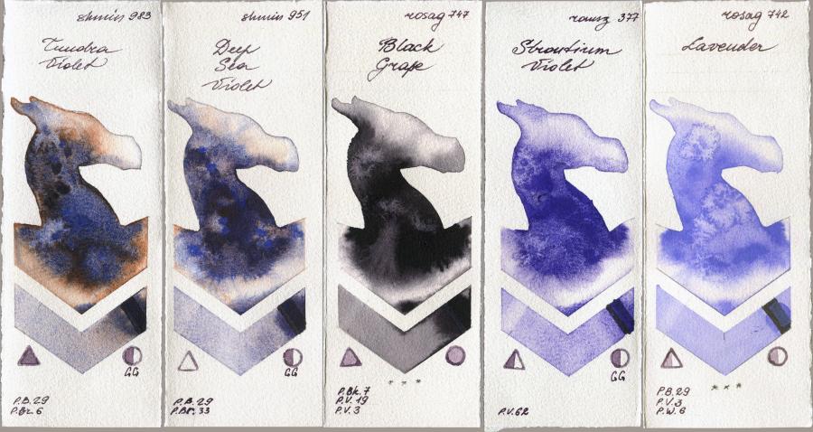 Shminke Horadam Aquarell 983 Tundra Violet vs 951 Deep Sea Violet vs Rosa Gallery 747 Black Grape vs Roman Szmal Aquarius 377 Strontium Violet vs 742 Lavender watercolor swatch