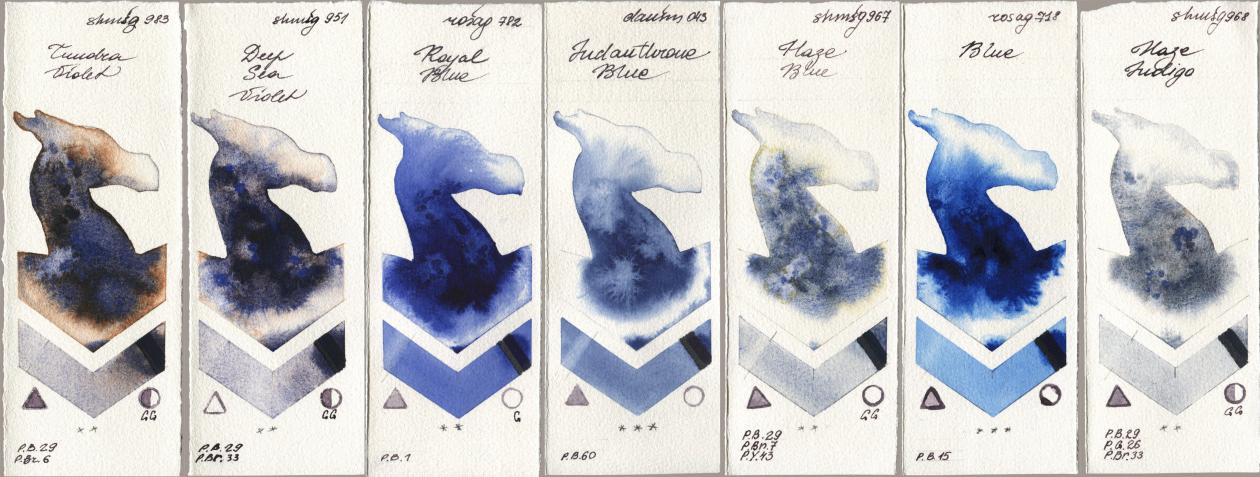 Shminke Horadam Aquarell 983 Tundra Violet, 951 Deep Sea Violet, Rosa Gallery 782 Royal Blue, Daniel Smith 043 Indanthrone Blue, 967 Haze Blue, 718 Blue, 968 Haze Indi watercolor swatch