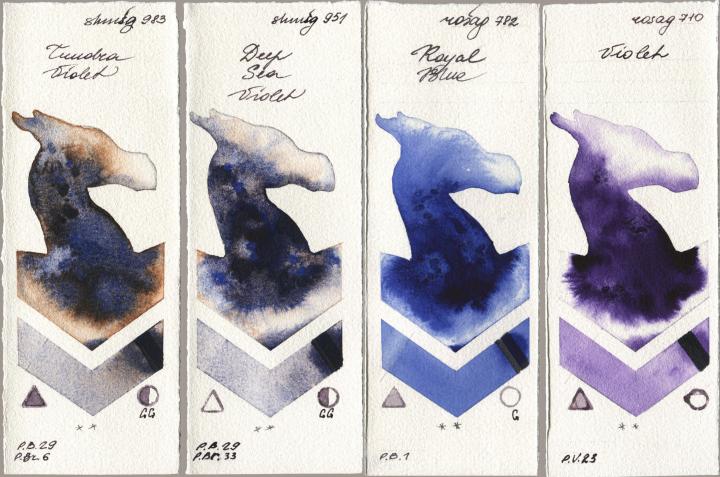 Shminke Horadam Aquarell 983 Tundra Violet, 951 Deep Sea Violet, Rosa Gallery 782 Royal Blue, 710 Viol watercolor swatch
