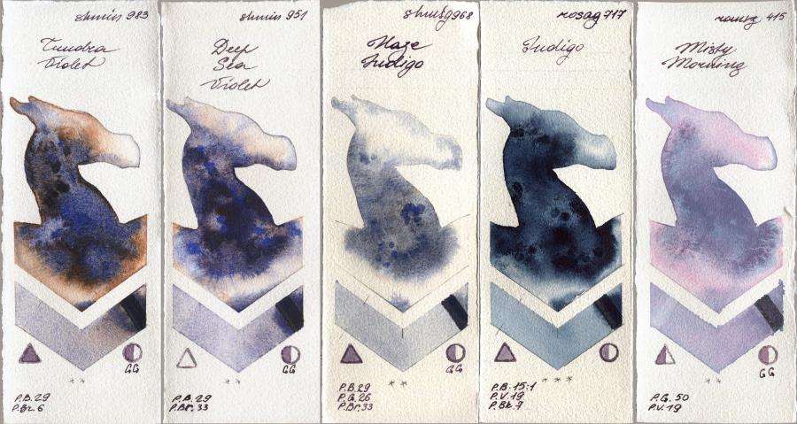 Shminke Horadam Aquarell 983 Tundra Violet vs 951 Deep Sea Violet vs 968 Haze Indigo vs Rosa Gallery 717 Indigo vs Roman Szmal Aquarius 415 Misty Morning watercolor swatch
