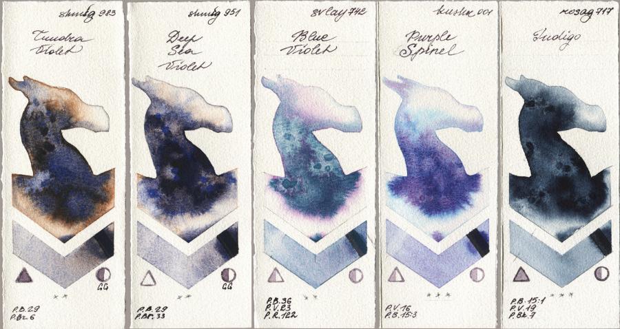 Shminke Horadam Aquarell 983 Tundra Violet vs 951 Deep Sea Violet vs SuperVision 742 Blue Violet vs Kusakabe 001 Purple Spinel vs Rosa Gallery 717 Indigo watercolor swatch