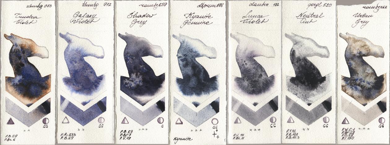Shminke Horadam Aquarell 983 Tundra Violet, 972 Galaxy Violet, Roman Szmal Aquarius 259 Shadow Grey, Daniel Smith 186 Kyanite Genuine, 182 Lunar Violet, Golden QOR 520 Neutral Tint, 262 Urban Gr watercolor swatch