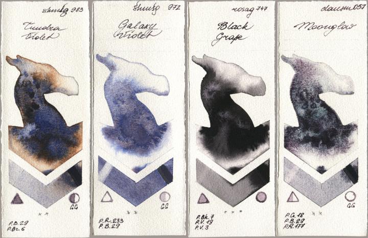 Shminke Horadam Aquarell 983 Tundra Violet, 972 Galaxy Violet, Rosa Gallery 747 Black Grape, Daniel Smith 057 Moongl watercolor swatch