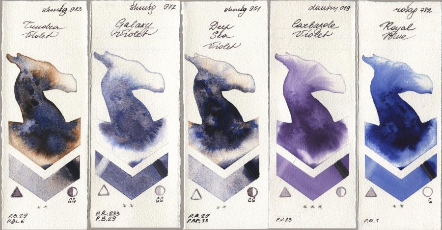 Shminke Horadam Aquarell 983 Tundra Violet, 972 Galaxy Violet, 951 Deep Sea Violet, Daniel Smith 019 Carbazole Violet, Rosa Gallery 782 Royal Bl watercolor swatch