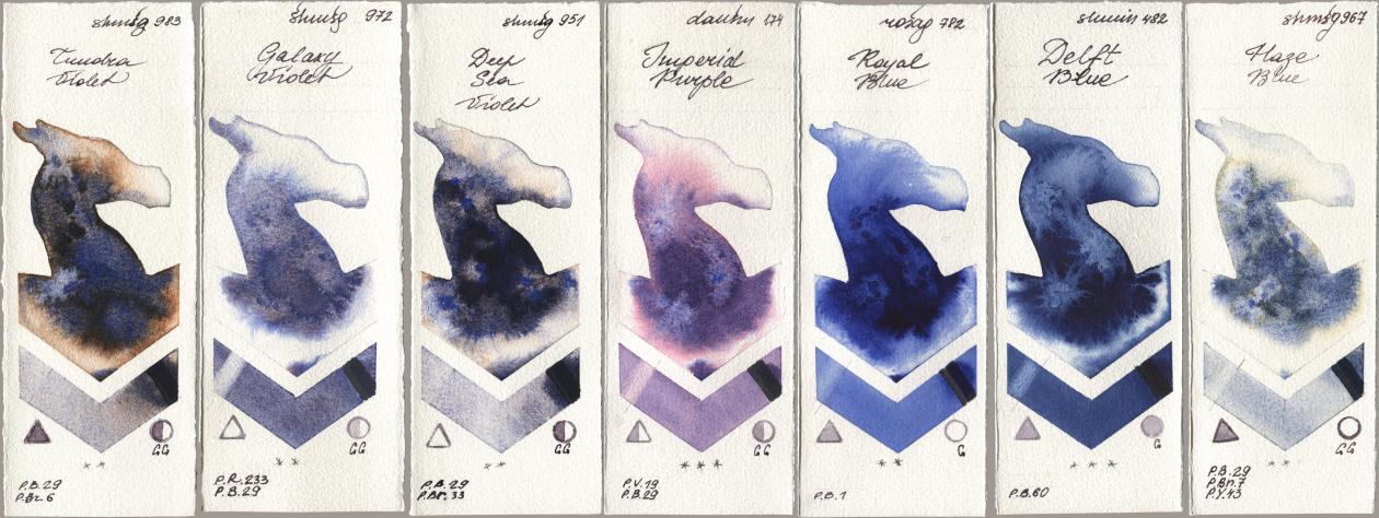 Shminke Horadam Aquarell 983 Tundra Violet, 972 Galaxy Violet, 951 Deep Sea Violet, Daniel Smith 174 Imperial Purple, Rosa Gallery 782 Royal Blue, 482 Delft Blue, 967 Haze Bl watercolor swatch