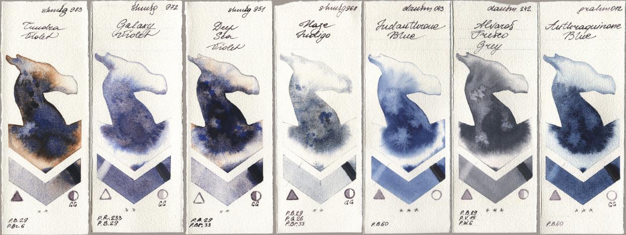 Shminke Horadam Aquarell 983 Tundra Violet, 972 Galaxy Violet, 951 Deep Sea Violet, 968 Haze Indigo, Daniel Smith 043 Indanthrone Blue, 242 Alvaros Fresco Grey, M. Graham & Co. Artists 012 Anthraquinone Bl watercolor swatch