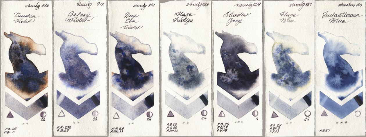 Shminke Horadam Aquarell 983 Tundra Violet, 972 Galaxy Violet, 951 Deep Sea Violet, 968 Haze Indigo, Roman Szmal Aquarius 259 Shadow Grey, 967 Haze Blue, Daniel Smith 043 Indanthrone Bl watercolor swatch
