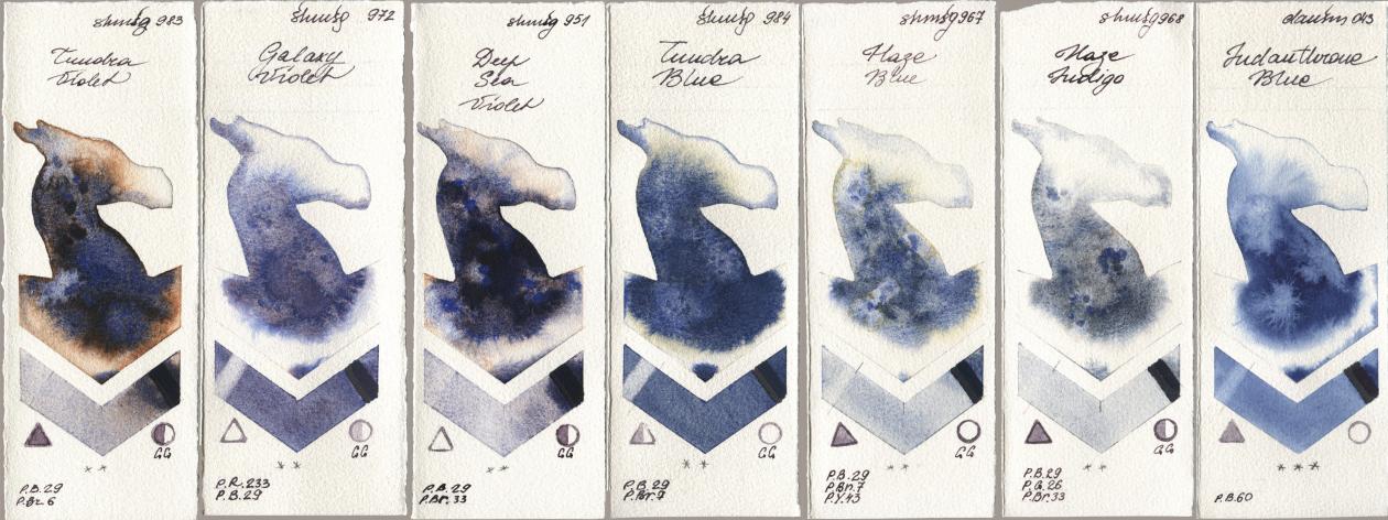 Shminke Horadam Aquarell 983 Tundra Violet, 972 Galaxy Violet, 951 Deep Sea Violet, 984 Tundra Blue, 967 Haze Blue, 968 Haze Indigo, Daniel Smith 043 Indanthrone Bl watercolor swatch