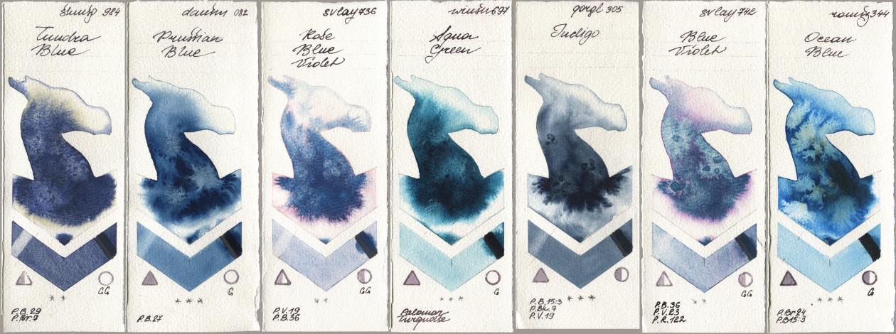 Shminke Horadam Aquarell 984 Tundra Blue, Daniel Smith 082 Prussian Blue, SuperVision 736 Rose Blue Violet, Winsor & Newton Professional 697 Aqua Green, Golden QOR 305 Indigo, 742 Blue Violet, Roman Szmal Aquarius 344 Ocean Bl watercolor swatch