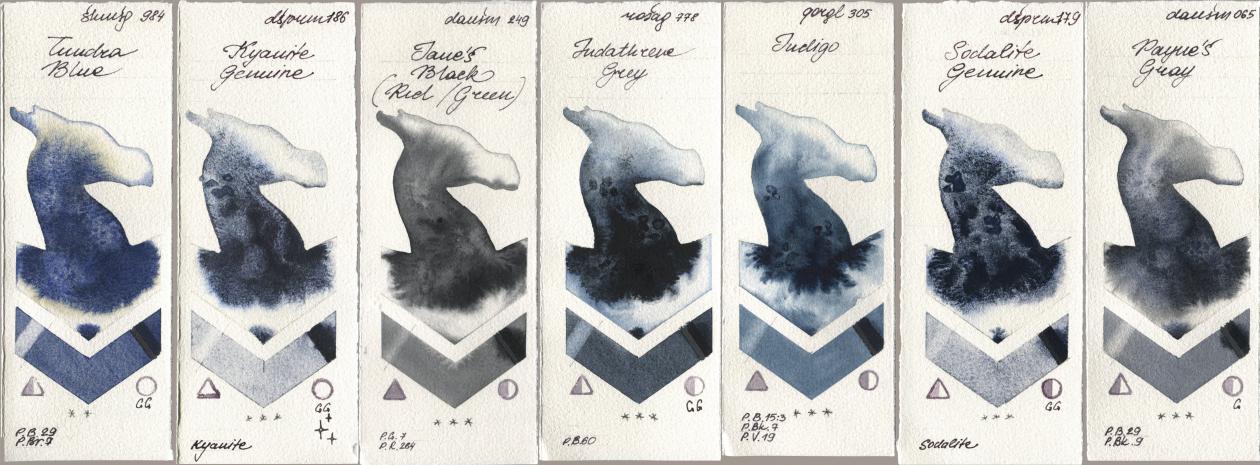 Shminke Horadam Aquarell 984 Tundra Blue, Daniel Smith 186 Kyanite Genuine, 249 Janes Black (Red/Green), Rosa Gallery 778 Indanthrene Grey, Golden QOR 305 Indigo, 179 Sodalite Genuine, 065 Paynes Gr watercolor swatch