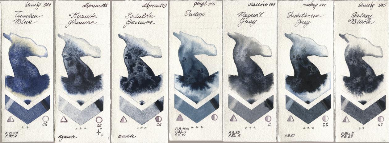 Shminke Horadam Aquarell 984 Tundra Blue, Daniel Smith 186 Kyanite Genuine, 179 Sodalite Genuine, Golden QOR 305 Indigo, 065 Paynes Gray, Rosa Gallery 778 Indanthrene Grey, 975 Galaxy Bla watercolor swatch