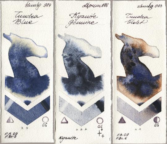 Shminke Horadam Aquarell 984 Tundra Blue, Daniel Smith 186 Kyanite Genuine, 983 Tundra Viol watercolor swatch