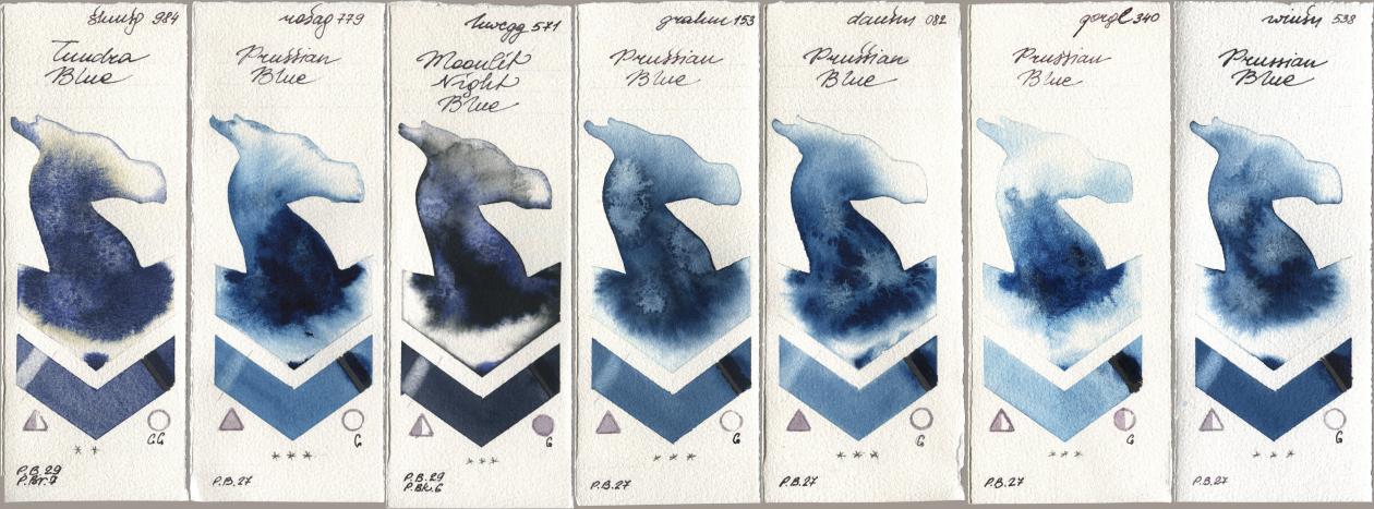 Shminke Horadam Aquarell 984 Tundra Blue, Rosa Gallery 779 Prussian Blue, Holbein Artists Watercolor 571 Moonlit Night Blue, M. Graham & Co. Artists 153 Prussian Blue, Daniel Smith 082 Prussian Blue, Golden QOR 340 Prussian Blue, Winsor & Newton Professional 538 Prussian Bl watercolor swatch