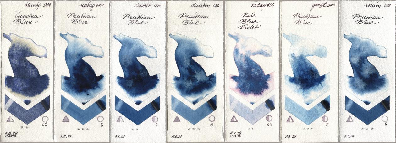 Shminke Horadam Aquarell 984 Tundra Blue, Rosa Gallery 779 Prussian Blue, Holbein Artists Watercolor 097 Prussian Blue, Daniel Smith 082 Prussian Blue, SuperVision 736 Rose Blue Violet, Golden QOR 340 Prussian Blue, Winsor & Newton Professional 538 Prussian Bl watercolor swatch
