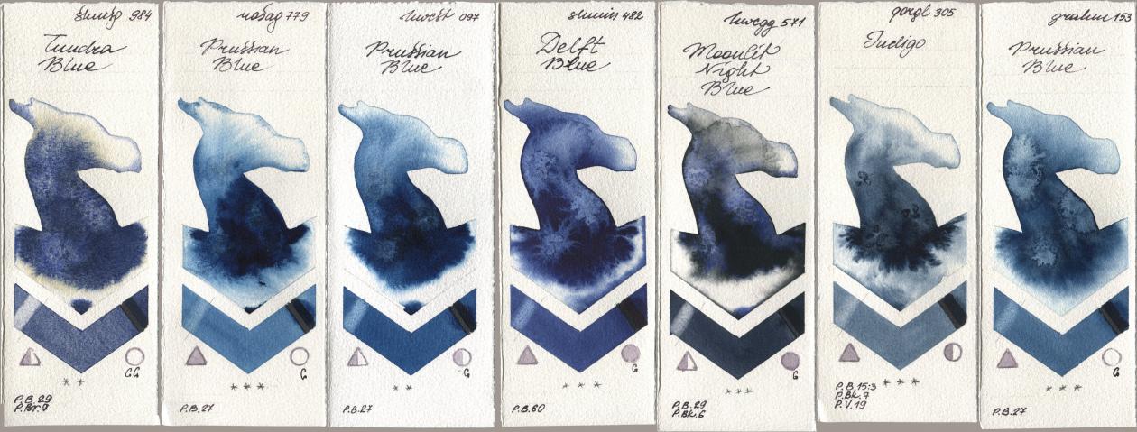 Shminke Horadam Aquarell 984 Tundra Blue, Rosa Gallery 779 Prussian Blue, Holbein Artists Watercolor 097 Prussian Blue, 482 Delft Blue, 571 Moonlit Night Blue, Golden QOR 305 Indigo, M. Graham & Co. Artists 153 Prussian Bl watercolor swatch