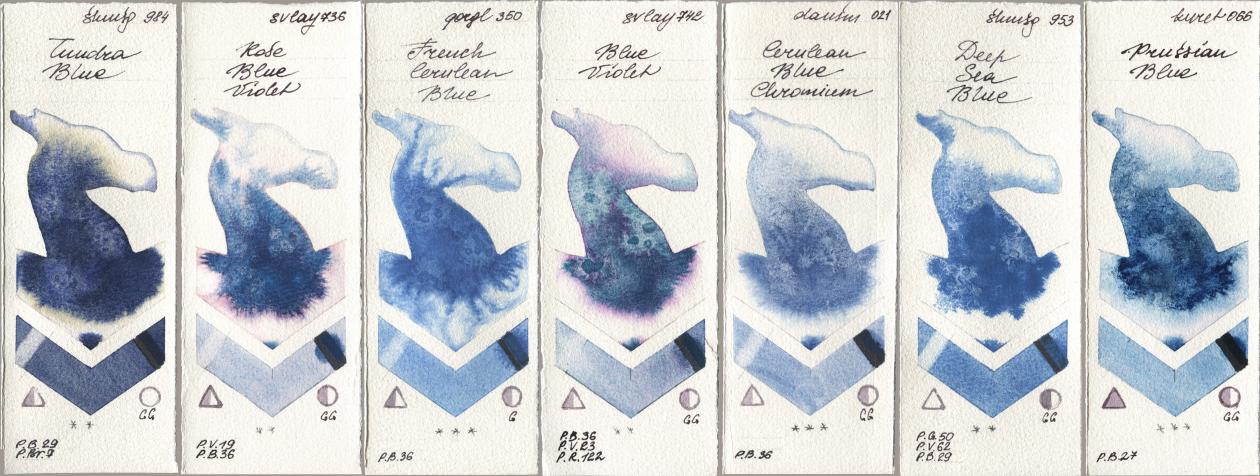 Shminke Horadam Aquarell 984 Tundra Blue, SuperVision 736 Rose Blue Violet, Golden QOR 350 French Cerulean Blue, 742 Blue Violet, Daniel Smith 021 Cerulean Blue Chromium, 953 Deep Sea Blue, Kuretake Gansai Tambi 066 Prussian Bl watercolor swatch