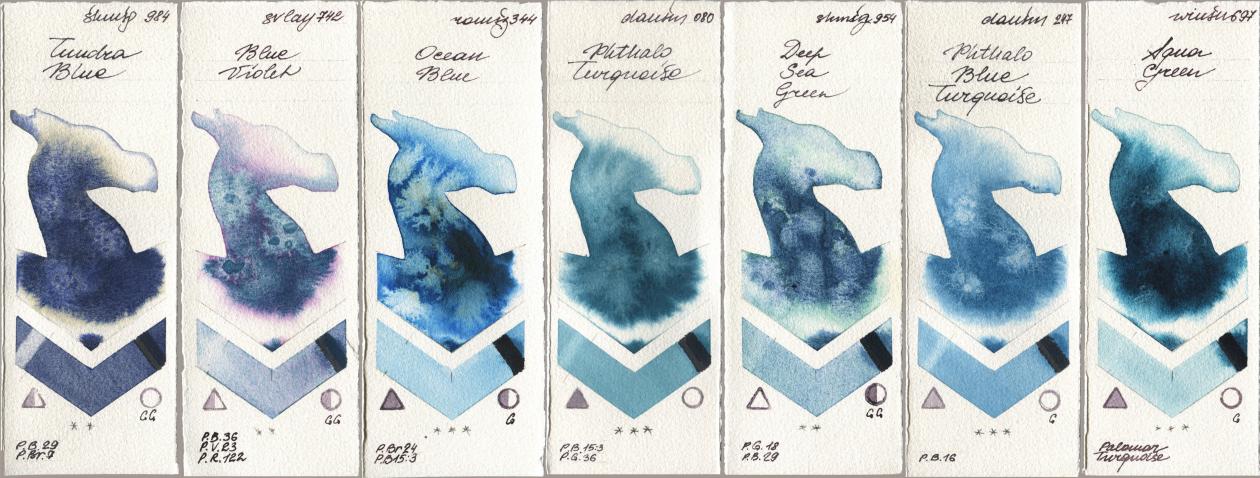 Shminke Horadam Aquarell 984 Tundra Blue, SuperVision 742 Blue Violet, Roman Szmal Aquarius 344 Ocean Blue, Daniel Smith 080 Phthalo Turquoise, 954 Deep Sea Green, 247 Phthalo Blue Turquoise, Winsor & Newton Professional 697 Aqua Gre watercolor swatch