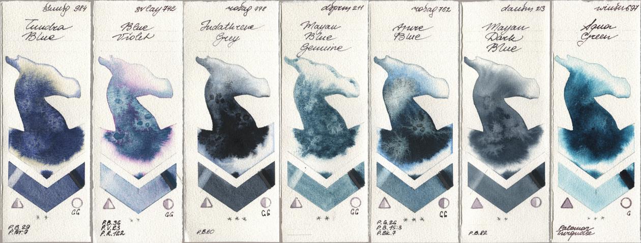 Shminke Horadam Aquarell 984 Tundra Blue, SuperVision 742 Blue Violet, Rosa Gallery 778 Indanthrene Grey, Daniel Smith 211 Mayan Blue Genuine, 762 Azure Blue, 213 Mayan Dark Blue, Winsor & Newton Professional 697 Aqua Gre watercolor swatch