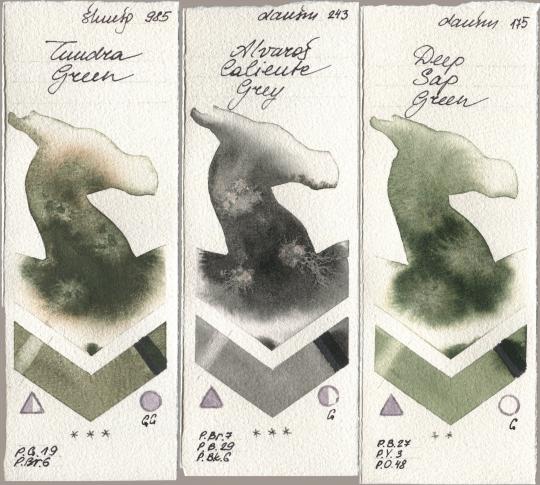 Shminke Horadam Aquarell 985 Tundra Green, Daniel Smith 243 Alvaros Caliente Grey, 175 Deep Sap Gre watercolor swatch