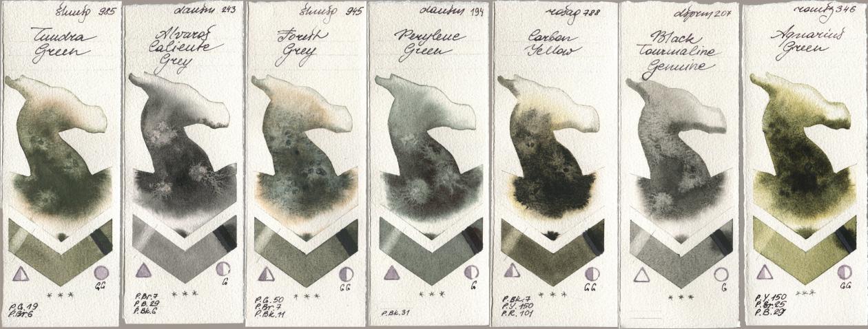 Shminke Horadam Aquarell 985 Tundra Green, Daniel Smith 243 Alvaros Caliente Grey, 945 Forest Grey, 194 Perylene Green, Rosa Gallery 788 Carbon Yellow, 207 Black Tourmaline Genuine, Roman Szmal Aquarius 346 Aquarius Gre watercolor swatch